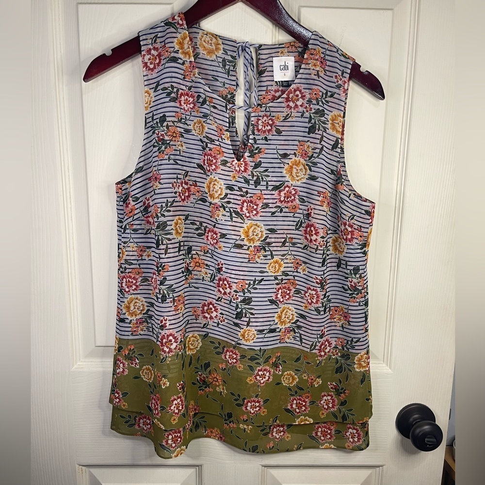 Cabi sleeveless floral and striped blouse.‎